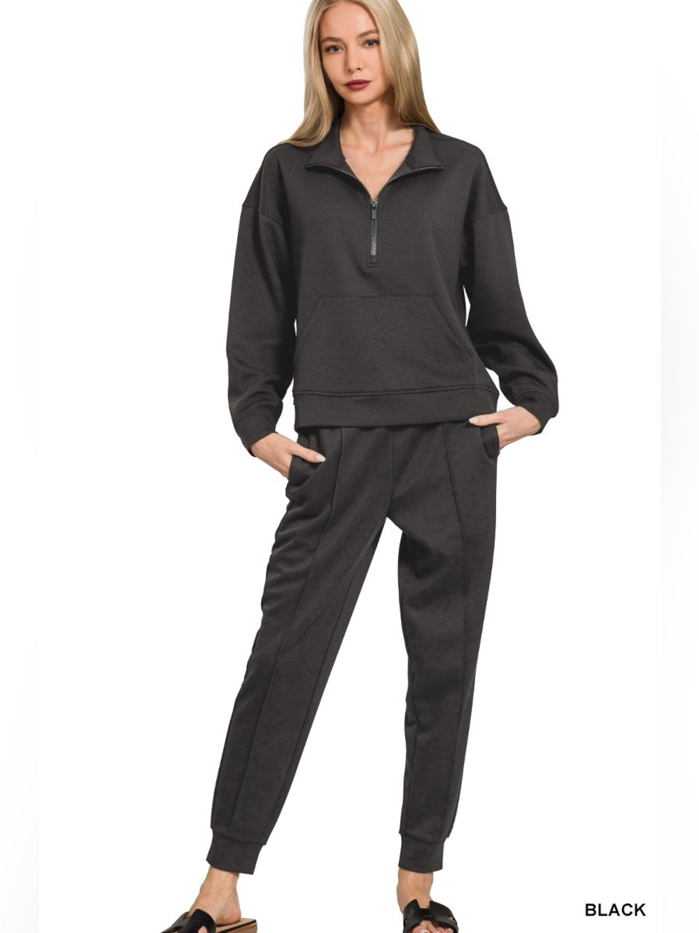 🖤 Zenana Black Scuba Half Zip Sweatshirt & Joggers Set SXL 🛍️